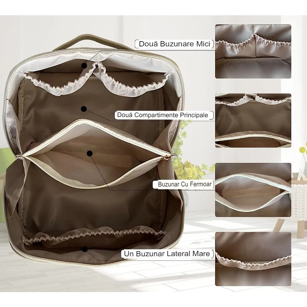Geanta de Calatorie, Pentru Cosmetice, Portabila, Impermeabila, din Piele Ecologica, Compartimente Multiple, cu Fermoar, 23 x 11.5 x 10.5 cm, Crem