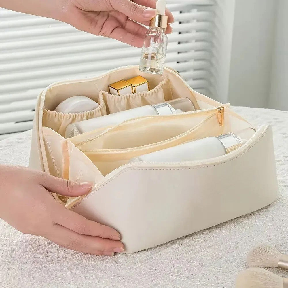 Geanta de Calatorie, Pentru Cosmetice, Portabila, Impermeabila, din Piele Ecologica, Compartimente Multiple, cu Fermoar, 23 x 11.5 x 10.5 cm, Crem