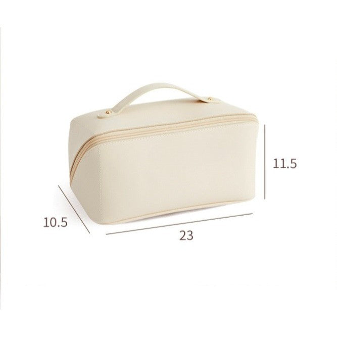 Geanta de Calatorie, Pentru Cosmetice, Portabila, Impermeabila, din Piele Ecologica, Compartimente Multiple, cu Fermoar, 23 x 11.5 x 10.5 cm, Crem