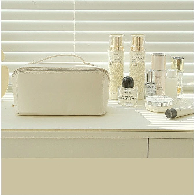 Geanta de Calatorie, Pentru Cosmetice, Portabila, Impermeabila, din Piele Ecologica, Compartimente Multiple, cu Fermoar, 23 x 11.5 x 10.5 cm, Crem