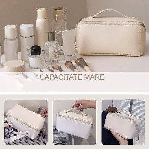 Geanta de Calatorie, Pentru Cosmetice, Portabila, Impermeabila, din Piele Ecologica, Compartimente Multiple, cu Fermoar, 23 x 11.5 x 10.5 cm, Crem