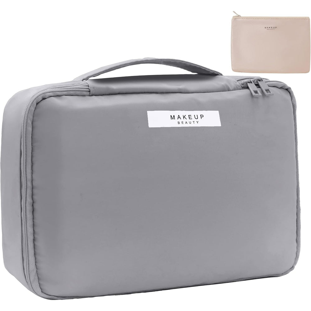 Geanta de Calatorie, pentru Cosmetice si Articole de Toaleta, Material Impermeabil, 2 in 1, Portfard Interior Detasabil, 23 x 16 x 8 cm, Gri