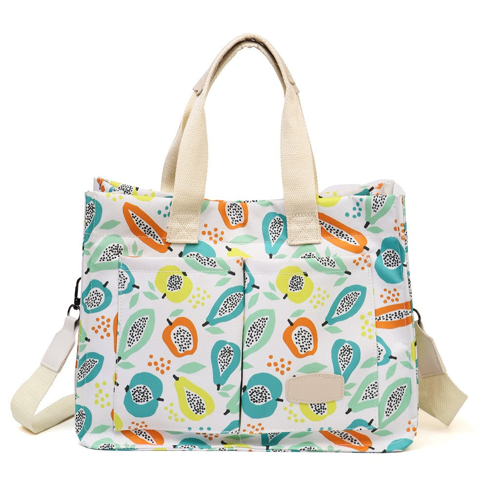 Geanta de Mana/Umar, Multifunctionala, Inchidere cu Capsa, Imprimeu Fructe, Material Textil, 33.5 x 25 x 14.5 cm, Multicolor