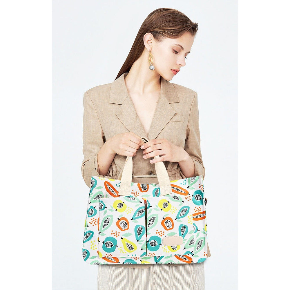 Geanta de Mana/Umar, Multifunctionala, Inchidere cu Capsa, Imprimeu Fructe, Material Textil, 33.5 x 25 x 14.5 cm, Multicolor