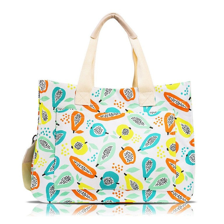 Geanta de Mana/Umar, Multifunctionala, Inchidere cu Capsa, Imprimeu Fructe, Material Textil, 33.5 x 25 x 14.5 cm, Multicolor