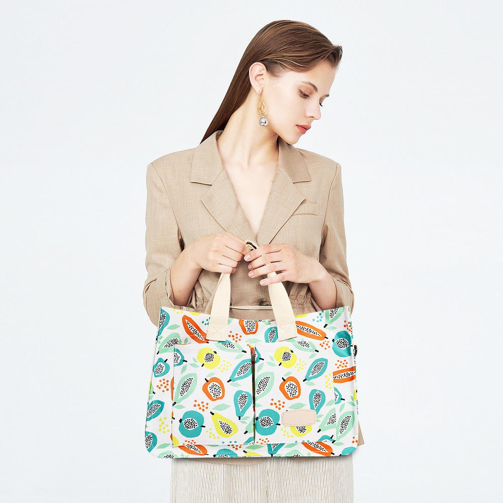 Geanta de Mana/Umar, Multifunctionala, Inchidere cu Capsa, Imprimeu Fructe, Material Textil, 33.5 x 25 x 14.5 cm, Multicolor