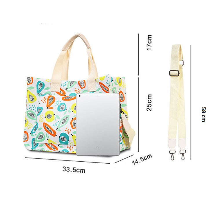 Geanta de Mana/Umar, Multifunctionala, Inchidere cu Capsa, Imprimeu Fructe, Material Textil, 33.5 x 25 x 14.5 cm, Multicolor