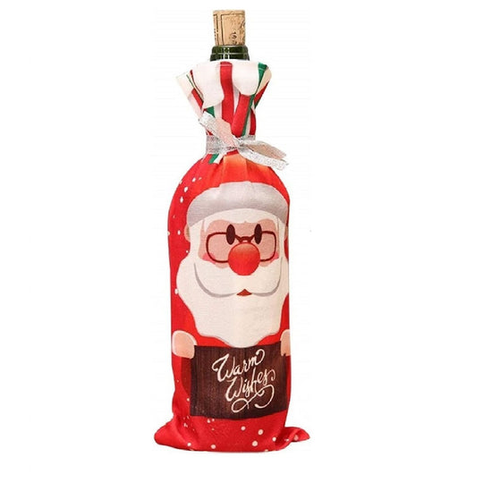 Husa Craciun pentru sticla de vin, tema Mos Craciun, material textil, 34 cm, multicolor
