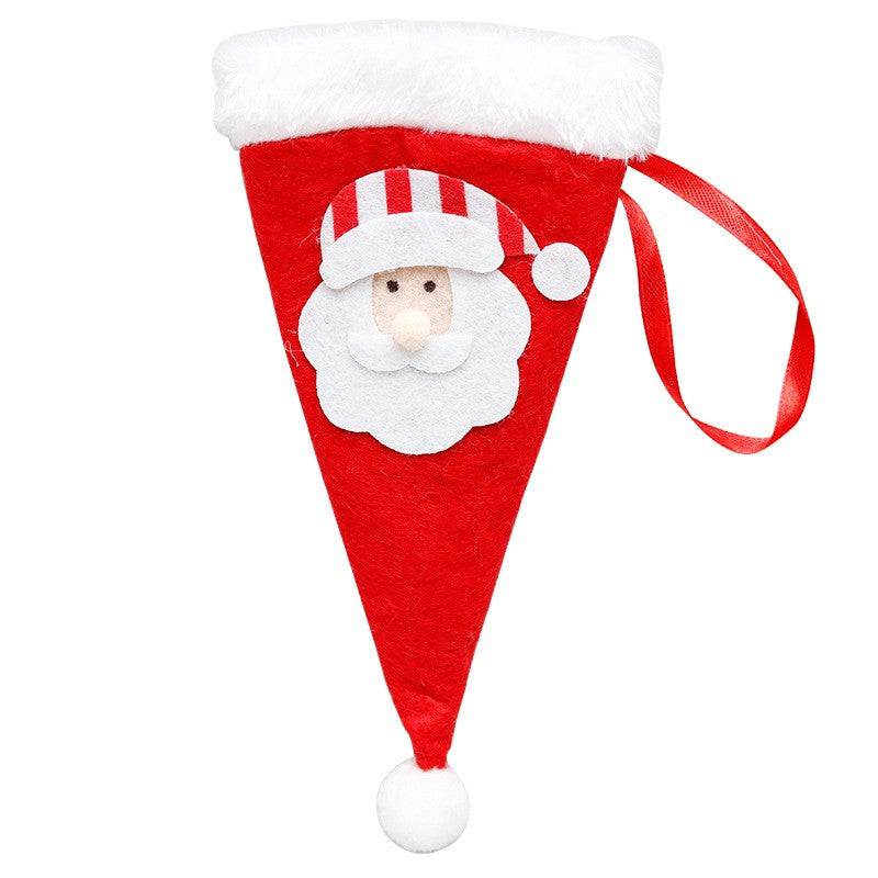 Husa decorativa festiva pentru 3 tacamuri, model caciulita cu Mos Craciun, material textil si poliester, 19 x 10 cm, rosu