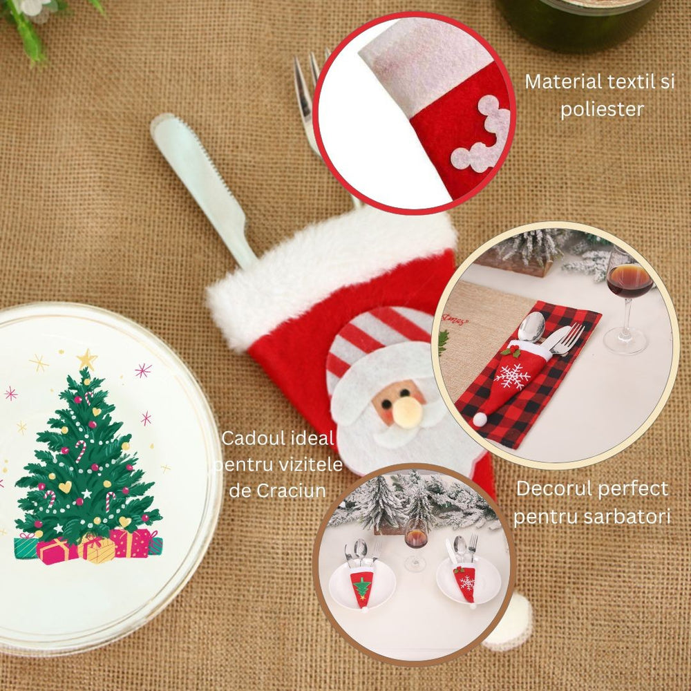 Husa decorativa festiva pentru 3 tacamuri, model caciulita cu Mos Craciun, material textil si poliester, 19 x 10 cm, rosu