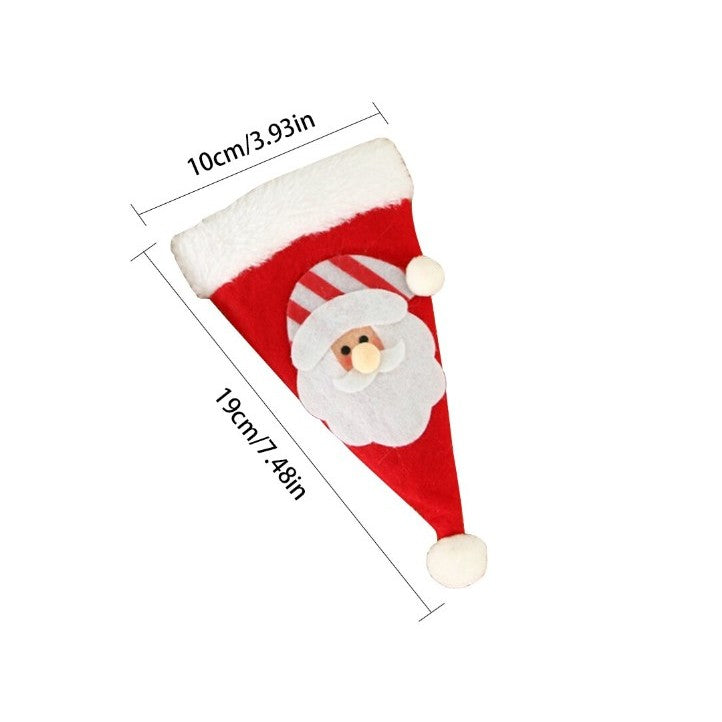 Husa decorativa festiva pentru 3 tacamuri, model caciulita cu Mos Craciun, material textil si poliester, 19 x 10 cm, rosu