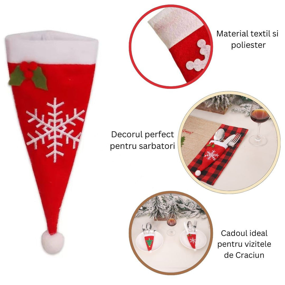 Husa decorativa festiva pentru 3 tacamuri, model caciulita cu fulg, material textil si poliester, 18 x 7 cm, rosu