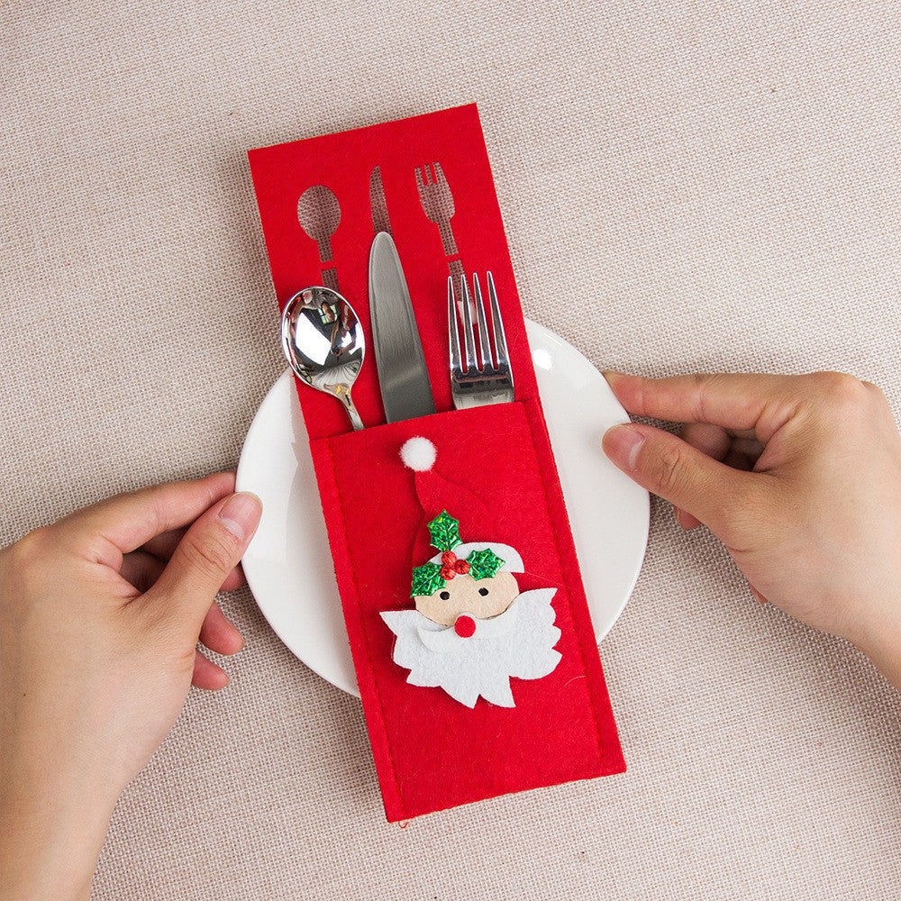 Husa decorativa pentru set tacamuri, model Mos Craciun, material poliester, 25 x 8.5 cm, rosu