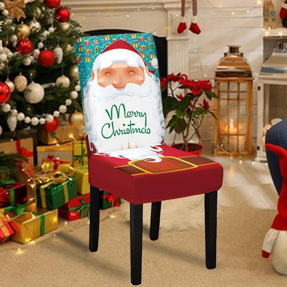 Husa pentru scaun, Tematica Craciun, Model 3 Merry Christmas, Alb/Albastru