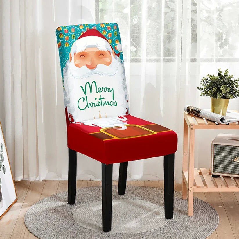 Husa pentru scaun, Tematica Craciun, Model 3 Merry Christmas, Alb/Albastru