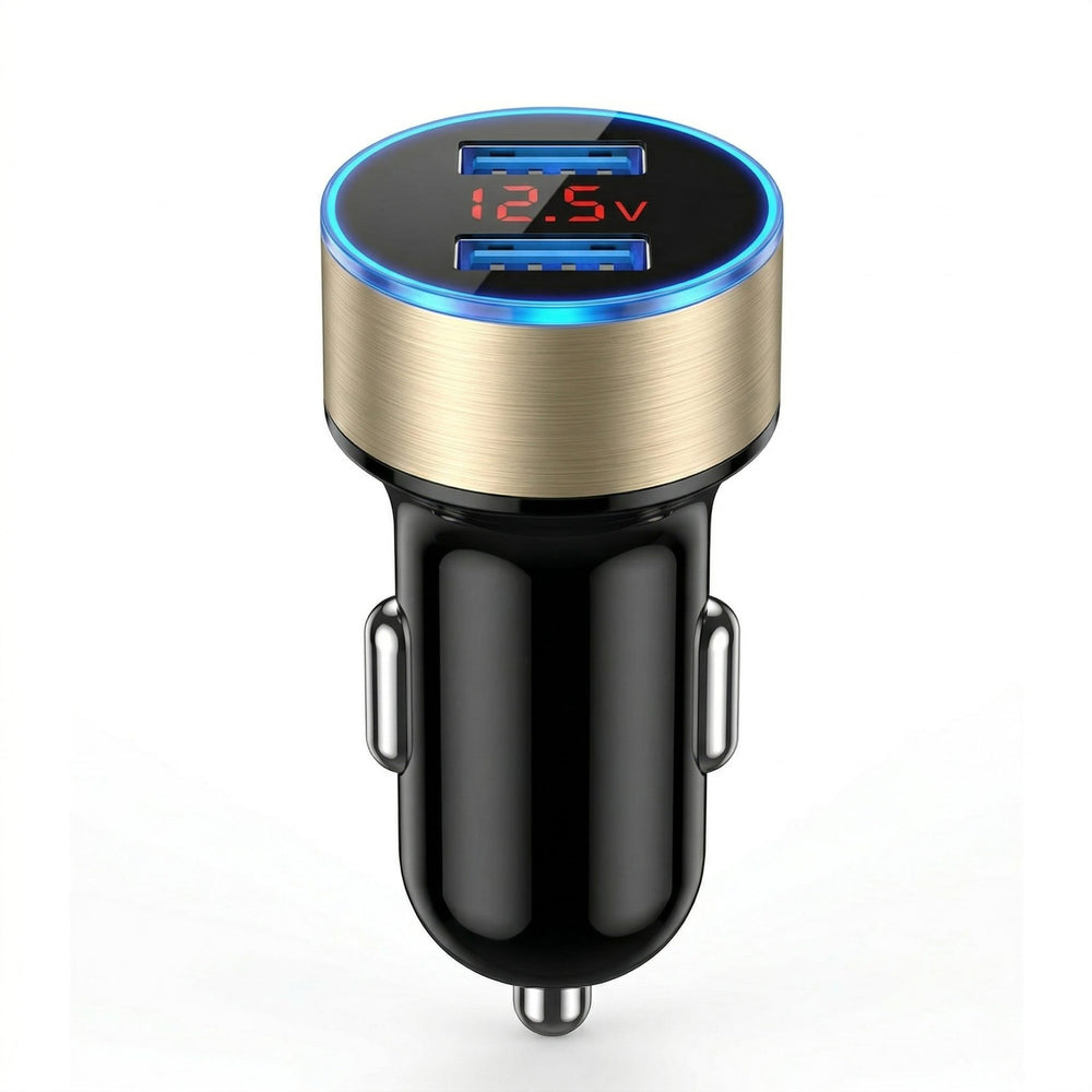 Incarcator Auto cu Afisaj Digital, din Metal, 3.1A, Incarcare Rapida 6A PD+QC3.0, Dublu USB, Negru/Auriu