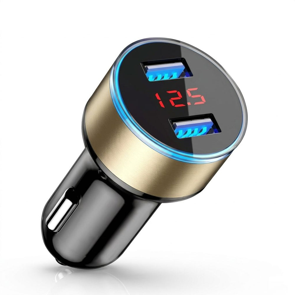 Incarcator Auto cu Afisaj Digital, din Metal, 3.1A, Incarcare Rapida 6A PD+QC3.0, Dublu USB, Negru/Auriu