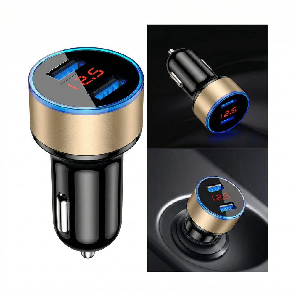 Incarcator Auto cu Afisaj Digital, din Metal, 3.1A, Incarcare Rapida 6A PD+QC3.0, Dublu USB, Negru/Auriu