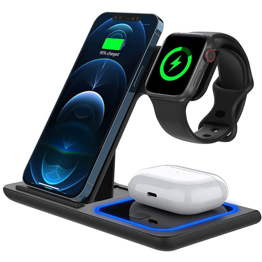 Incarcator Wireless, Statie Incarcare 3 In 1 Qi Fast Charger 15W, Incarcare Rapida, Compatibil Cu Apple Watch Toate Seriile Airpods Toate Modele si Iphone Android Samsung Huawei Xiaomi, Quick Charge, Negru