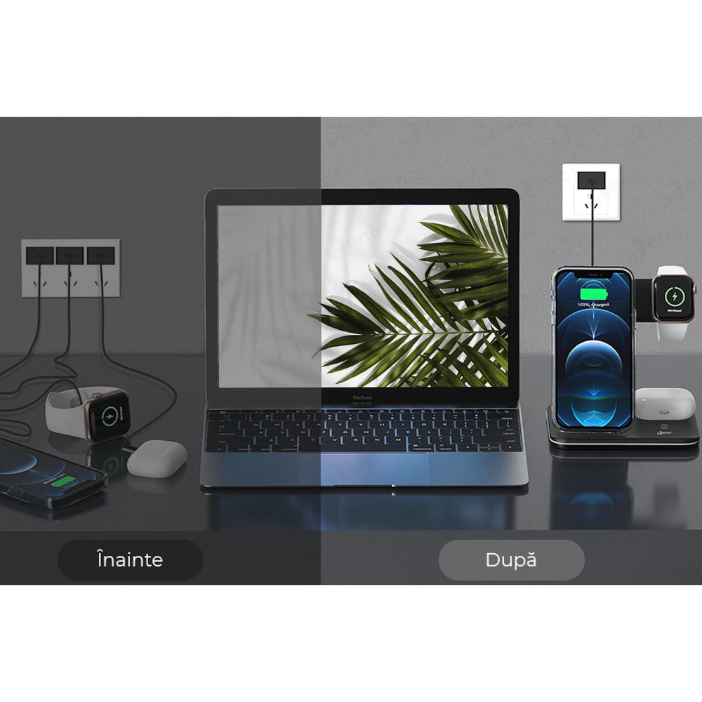 Incarcator Wireless, Statie Incarcare 3 In 1 Qi Fast Charger 15W, Incarcare Rapida, Compatibil Cu Apple Watch Toate Seriile Airpods Toate Modele si Iphone Android Samsung Huawei Xiaomi, Quick Charge, Negru