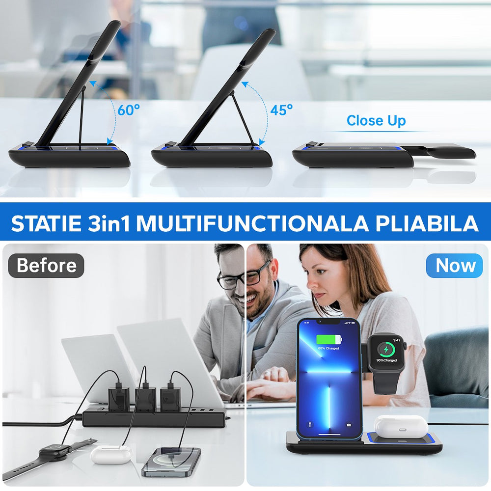 Incarcator Wireless, Statie Incarcare 3 In 1 Qi Fast Charger 15W, Incarcare Rapida, Compatibil Cu Apple Watch Toate Seriile Airpods Toate Modele si Iphone Android Samsung Huawei Xiaomi, Quick Charge, Negru