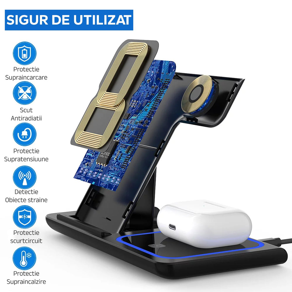 Incarcator Wireless, Statie Incarcare 3 In 1 Qi Fast Charger 15W, Incarcare Rapida, Compatibil Cu Apple Watch Toate Seriile Airpods Toate Modele si Iphone Android Samsung Huawei Xiaomi, Quick Charge, Negru