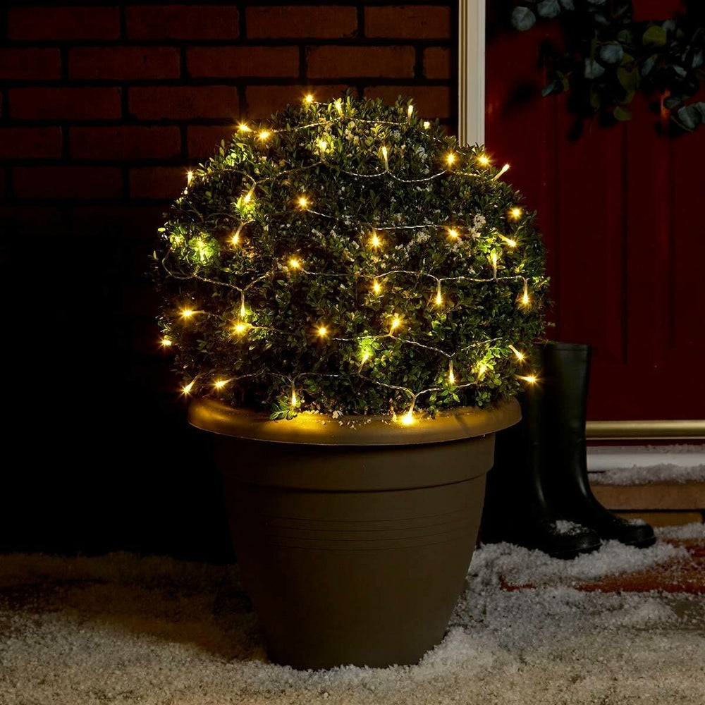 Instalatie Craciun, 10 m, 100 Led-uri, Liniara, Alb cald, 8 jocuri de lumini, Transformator cu telecomanda, Interconectabila, Prelungitor 3 m inclus, Fir Transparent