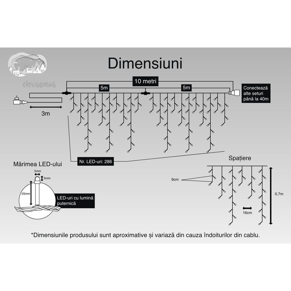 Instalatie Craciun, 10 m, 286 Led-uri, Franjuri, Albastru, Flash, Transformator, Interconectabila