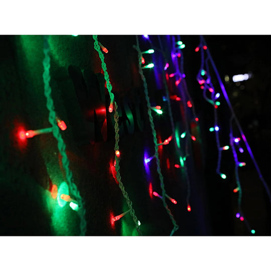 Instalatie Craciun, 10 m, 286 Led-uri, Franjuri, Rosu / Verde/ Albastru, Flash, Transformator, Interconectabila, Prelungitor 5 m inclus, Fir Negru, Numar programe: 8
