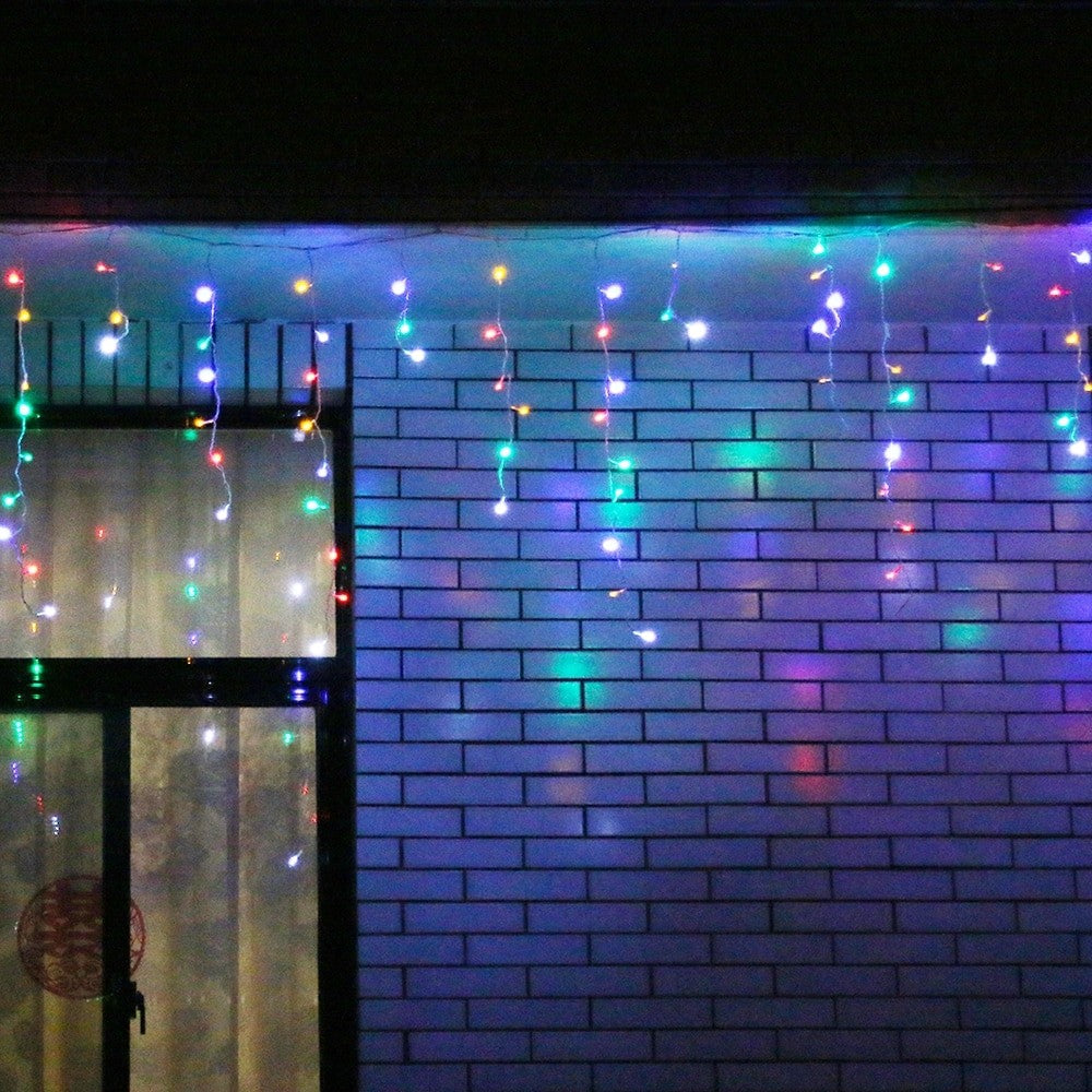 Instalatie Craciun, 10 m, 286 Led-uri, Franjuri, Rosu / Verde/ Albastru, Flash, Transformator cu