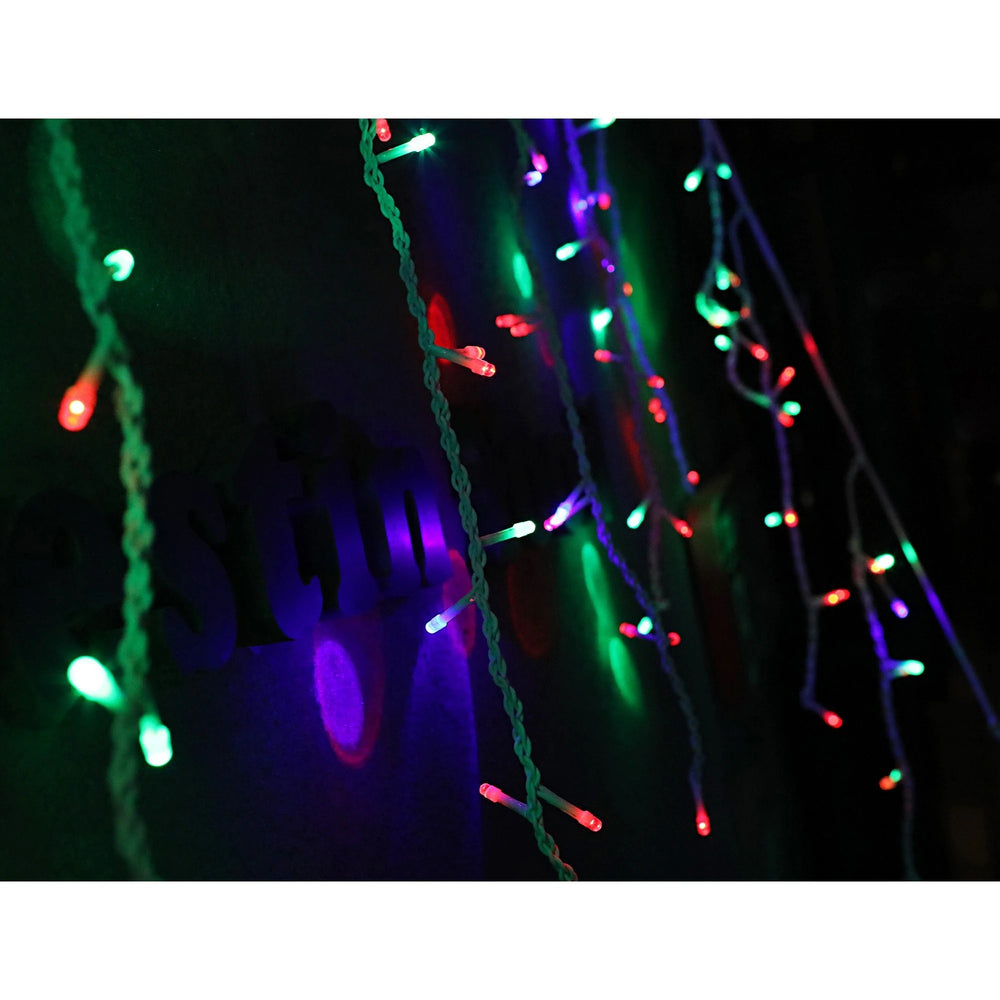 Instalatie Craciun, 10 m, 286 Led-uri, Franjuri, Rosu / Verde/ Albastru, Flash, Transformator cu