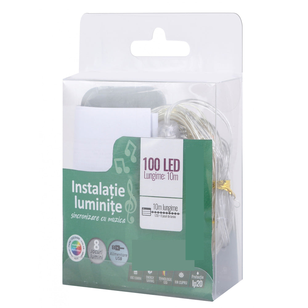 Instalatie Craciun, 10 metri, 100 LED-uri, multicolor RGB, sincronizare muzica, telecomanda 12 de functii, USB, fir cupru, liniar, interior/exterior