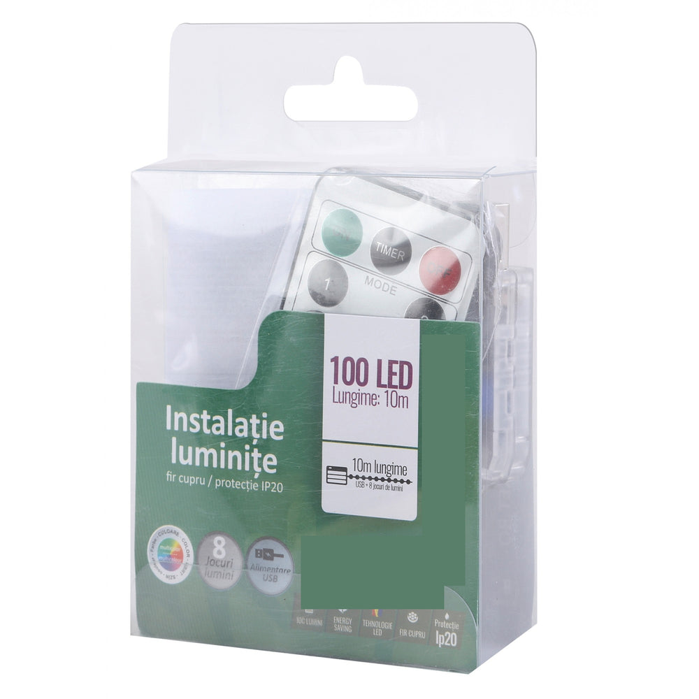 Instalatie Craciun, 10 metri, 100 LED-uri, multicolor, telecomanda 8 functii, USB, fir cupru, liniar, interior/exterior