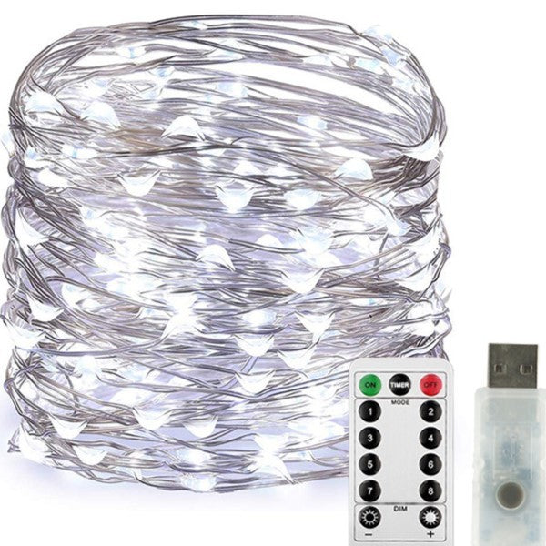 Instalatie Craciun, 10 metri, 100 LED-uri, USB, Telecomanda cu 8 functii, alb rece