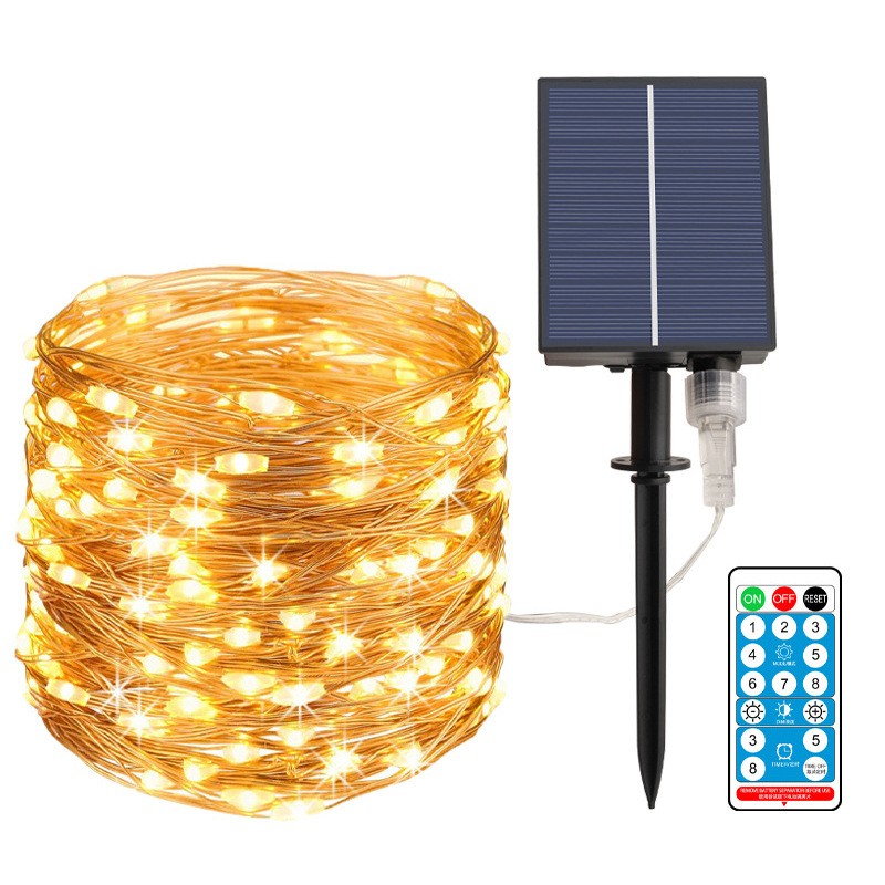 Instalatie Craciun, 100 LED-uri, 12 metri, pentru exterior cu incarcare solara, alb cald