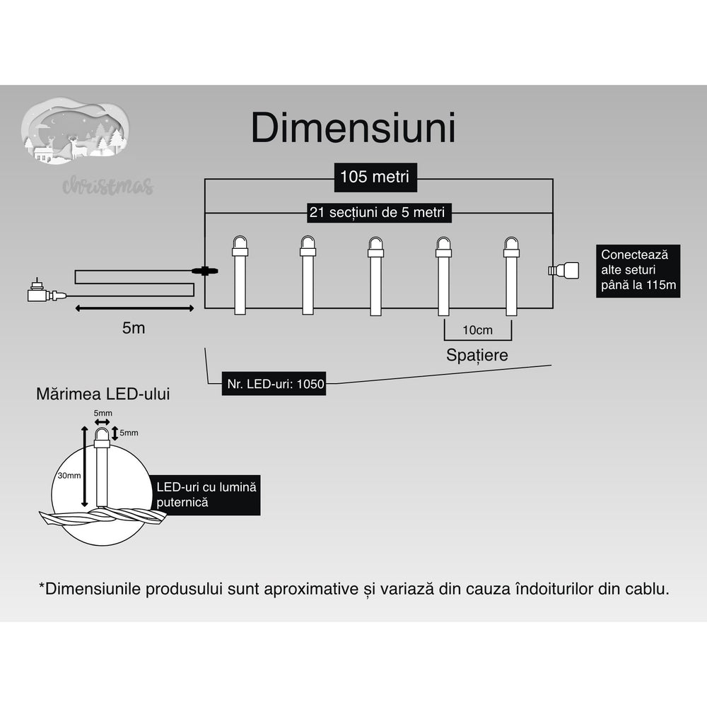 Instalatie Craciun, 105 m, 1050 Led-uri, Liniara, Albastru, 8 jocuri de lumini, Transformator cu telecomanda, Interconectabila, Prelungitor 5 m inclus, Fir Transparent