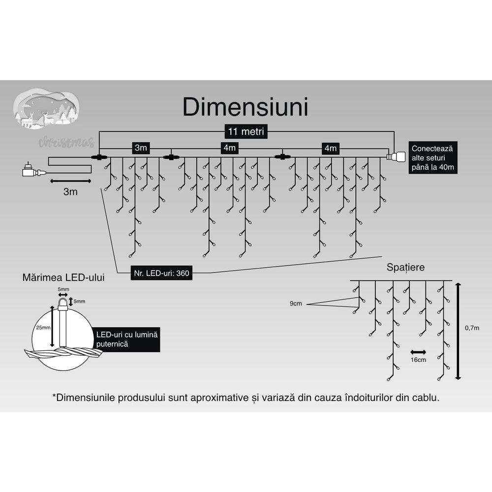 Instalatie Craciun, 11 m, 360 Led-uri, Franjuri, Alb cald, Flash, Transformator cu telecomanda