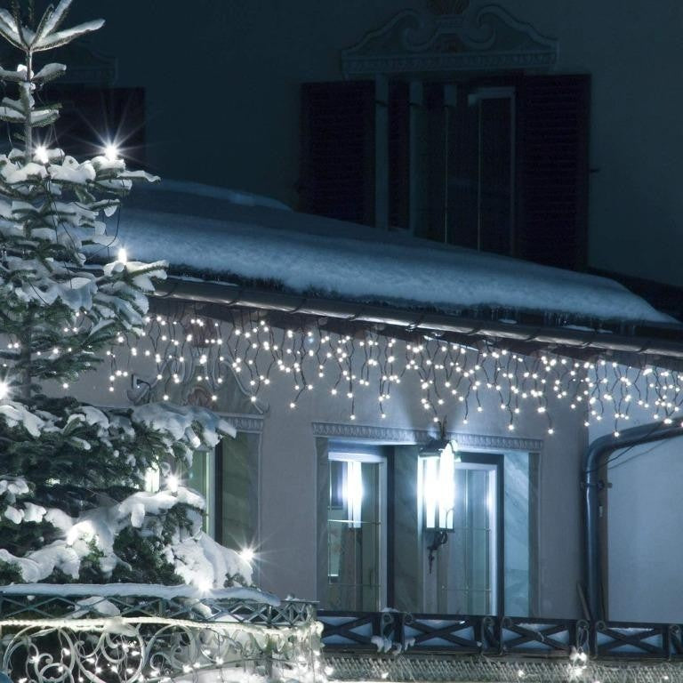 Instalatie Craciun, 11 m, 360 Led-uri, Franjuri, Alb rece, 8 jocuri de lumini, Transformator cu