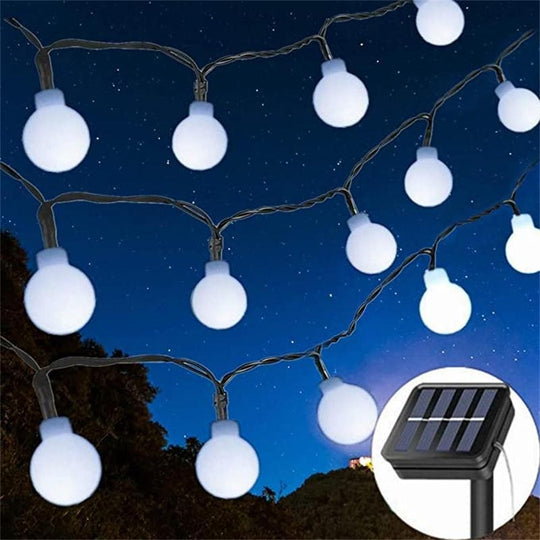 Instalatie Craciun, 12 metri, 100 de LED-uri cu ornament tip Bulb, 8 jocuri de lumini alb rece, cu energie solara, liniar, interior/exterior