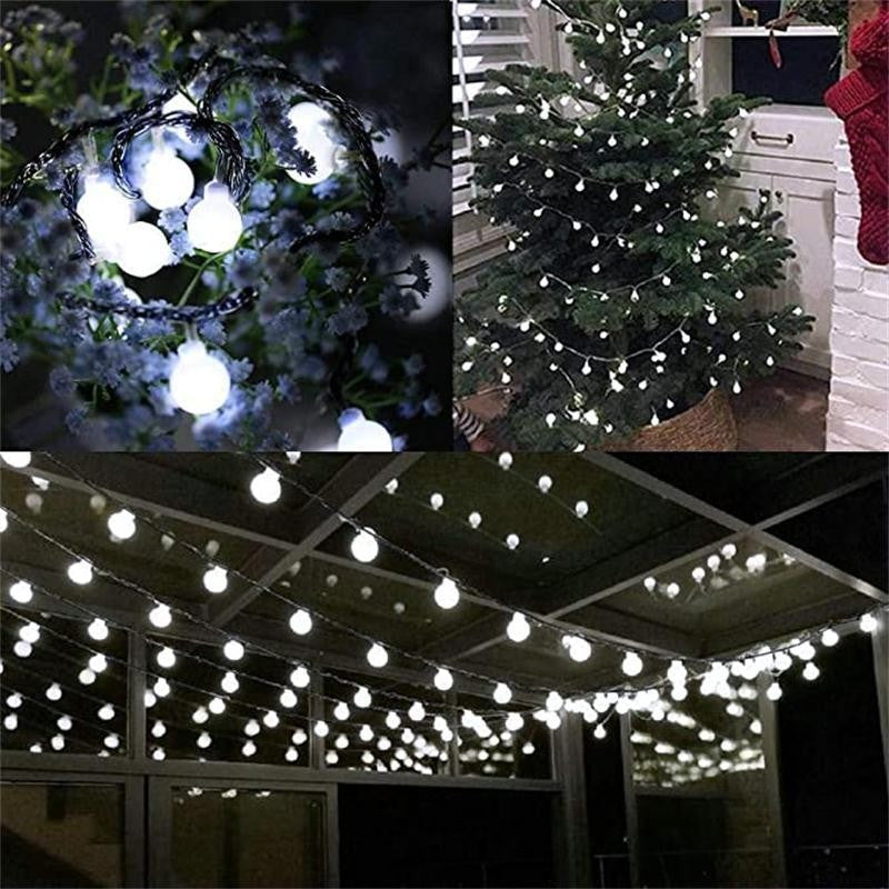 Instalatie Craciun, 12 metri, 100 de LED-uri cu ornament tip Bulb, 8 jocuri de lumini alb rece, cu energie solara, liniar, interior/exterior