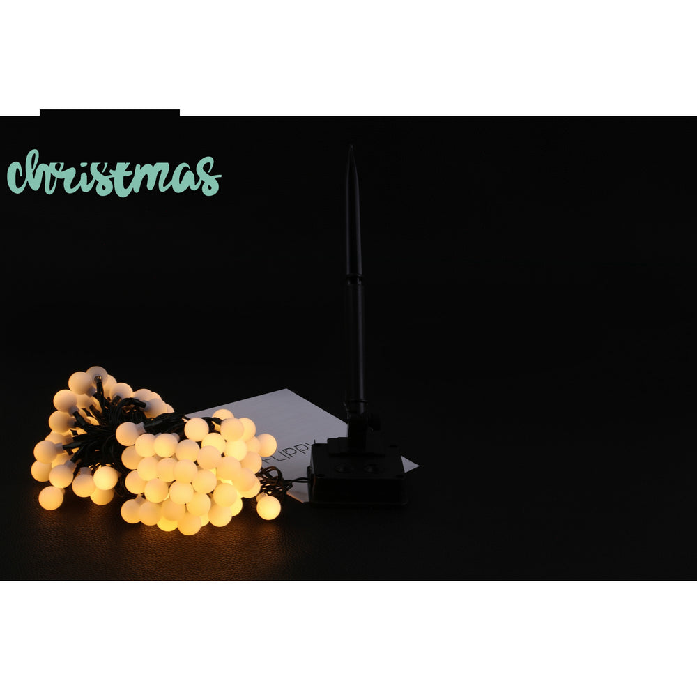 Instalatie Craciun, 12 metri, 100 de LED-uri cu ornament tip Bulb, 8 jocuri de lumini, alb cald, cu energie solara, liniar, interior/exterior