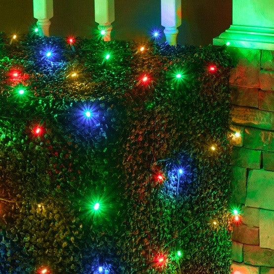 Instalatie Craciun, 15 m, 150 Led-uri, Liniara, Rosu/Albastru/Rosu/Verde, Flash, Transformator, Interconectabila, Prelungitor 5 m inclus, Fir Verde