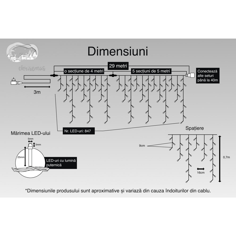 Instalatie Craciun, 15 m, 429 Led-uri, Franjuri, Rosu / Verde/ Albastru, Flash, Transformator cu