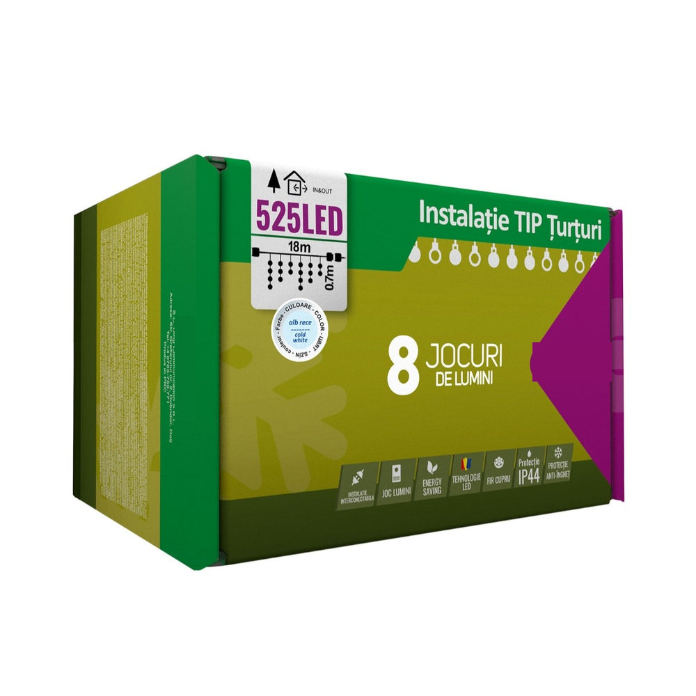 Instalatie Craciun, 18 m, 525 Led-uri, Franjuri, Alb rece, 8 jocuri de lumini, Transformator cu