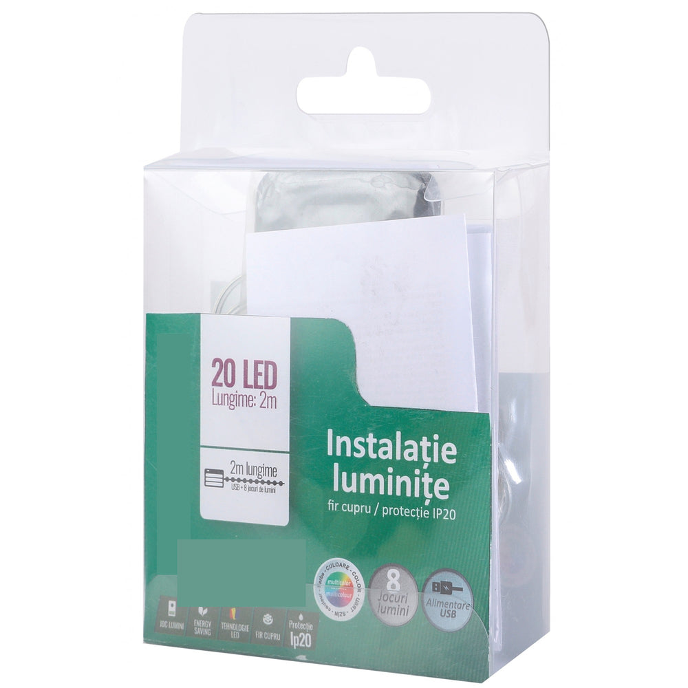 Instalatie Craciun, 2 metri, 20 LED-uri, multicolor, telecomanda 8 functii, USB, fir cupru, liniar, interior/exterior