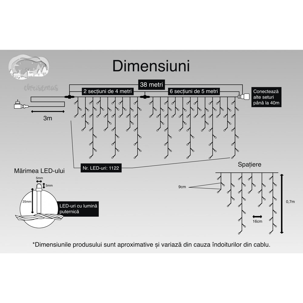 Instalatie Craciun, 20 m, 572 Led-uri, Franjuri, Rosu / Verde/ Albastru, Flash, Transformator cu