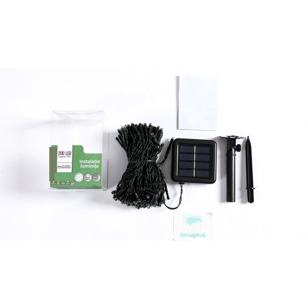 Instalatie Craciun, 20 metri, 200 de LED-uri, Alb Rece, cu energie solara, fir de cupru, liniar, interior/exterior