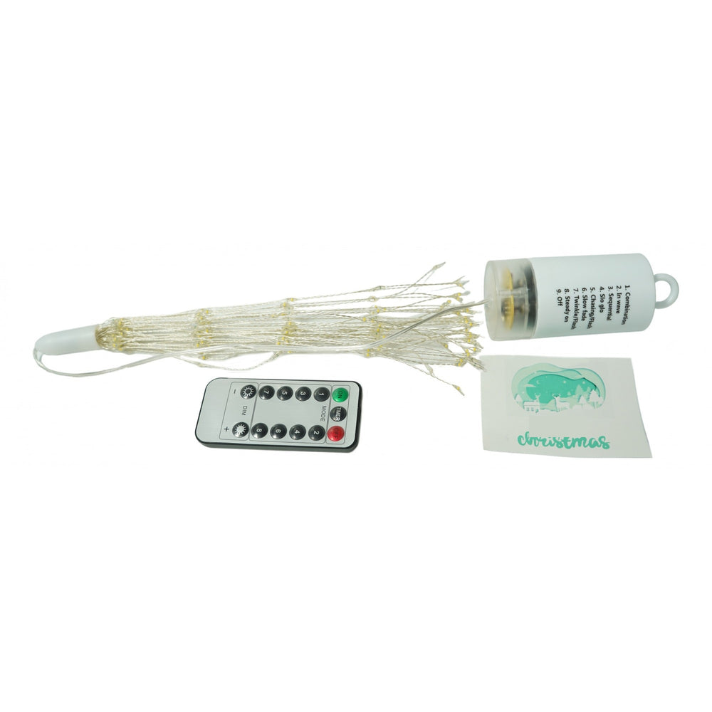Instalatie Craciun, 200 LED-uri, Telecomanda 8 functii, Incarcare Solara, Explozie Fireworks, Fir Cupru, interior/exterior, Alb Cald