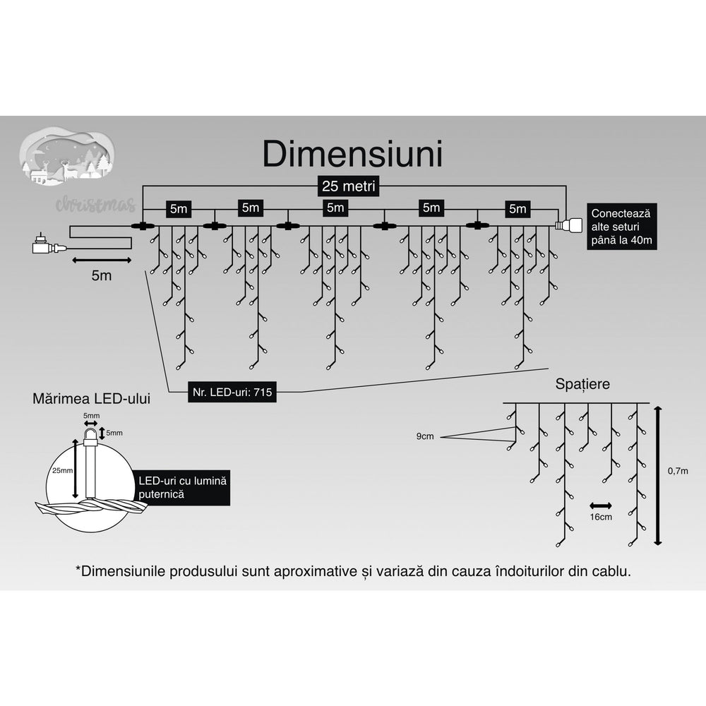 Instalatie Craciun, 25 m, 715 Led-uri, Franjuri, Albastru, Flash, Transformator, Interconectabila