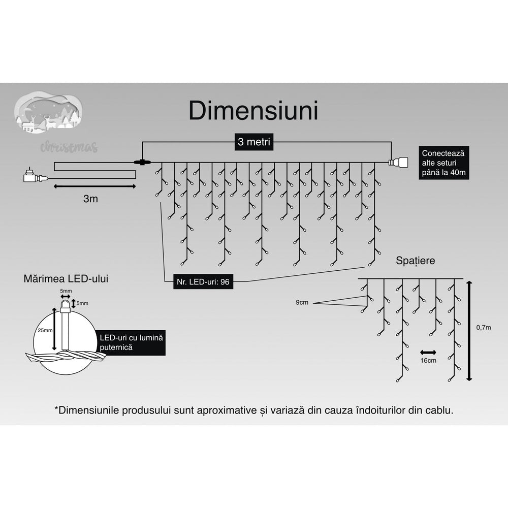 Instalatie Craciun, 3 m, 96 Led-uri, Franjuri, Alb rece, Flash, Transformator cu telecomanda